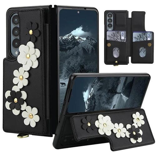 Funda de cuero con estampado floral para Samsung Galaxy Z Fold4 (negra)