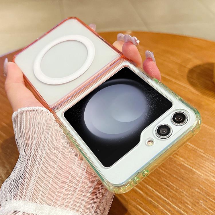 Funda MagSafe transparente con degradado de color en contraste para Samsung Galaxy Z Flip5 (verde fluorescente y rosa claro)