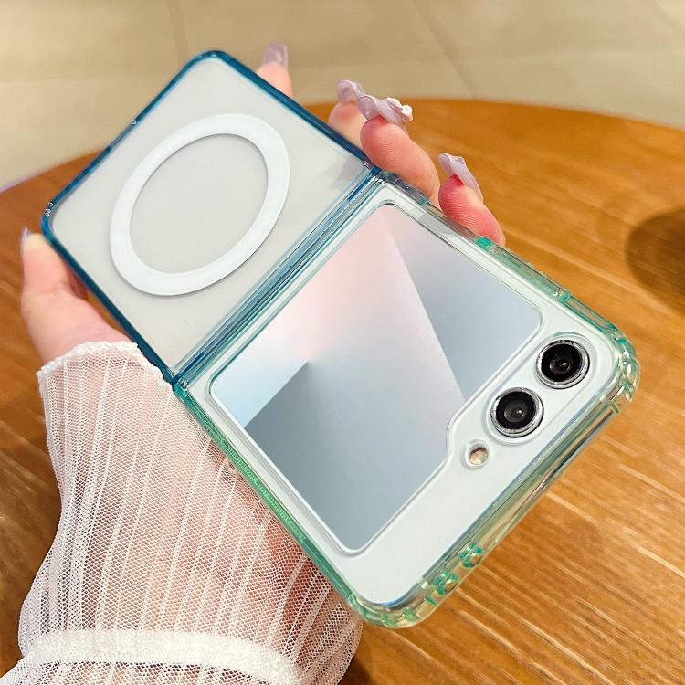 Funda MagSafe transparente con degradado de color en contraste para Samsung Galaxy Z Flip7 5G (verde y azul)