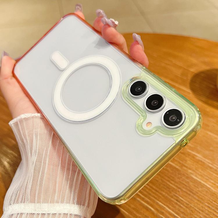 Funda MagSafe transparente con degradado de color en contraste para Samsung Galaxy A35 5G (verde fluorescente y rosa claro)