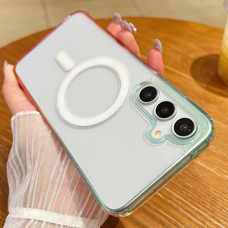 Funda MagSafe transparente con degradado de color en contraste para Samsung Galaxy A36 5G (azul, verde y rosa)