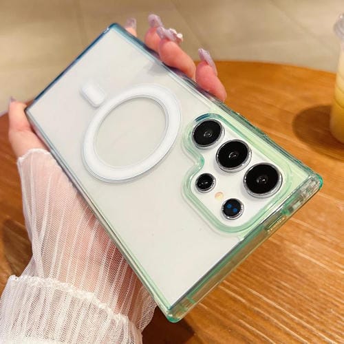 Funda MagSafe transparente con degradado de color en contraste para Samsung Galaxy S22 Ultra 5G (verde y azul)