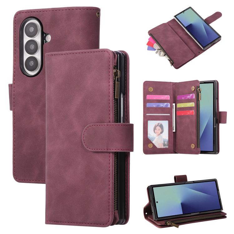 Funda de cuero multifuncional con cremallera esmerilada para Samsung Galaxy Z Fold7 5G (rojo vino)
