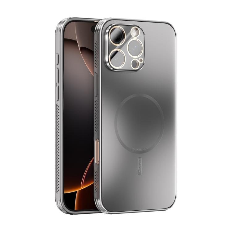 Funda ABEEL MagSafe esmerilada con disipación de calor y película para lente para iPhone 16 Pro Max (plateada)