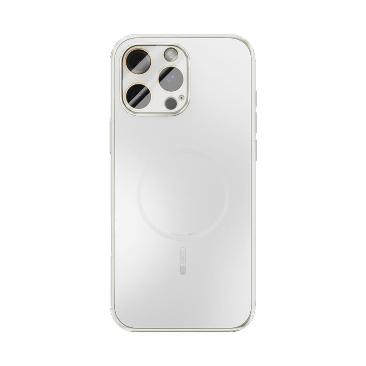 Funda ABEEL MagSafe esmerilada con disipación de calor y película para lente para iPhone 16 Pro Max (blanca)