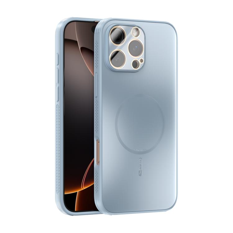 Funda ABEEL MagSafe esmerilada con disipación de calor y película para lente para iPhone 16 Pro Max (azul claro)