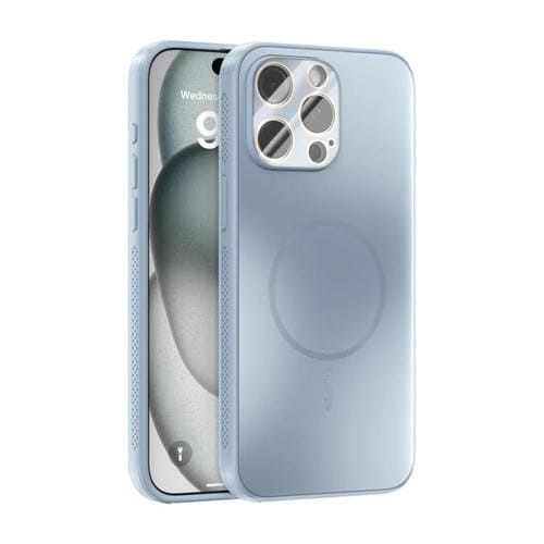 Funda ABEEL MagSafe esmerilada con disipación de calor y película para lente para iPhone 15 Pro Max (azul claro)