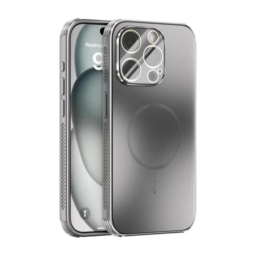 Funda ABEEL MagSafe esmerilada con disipación de calor y película para lente para iPhone 15 Pro (plateada)