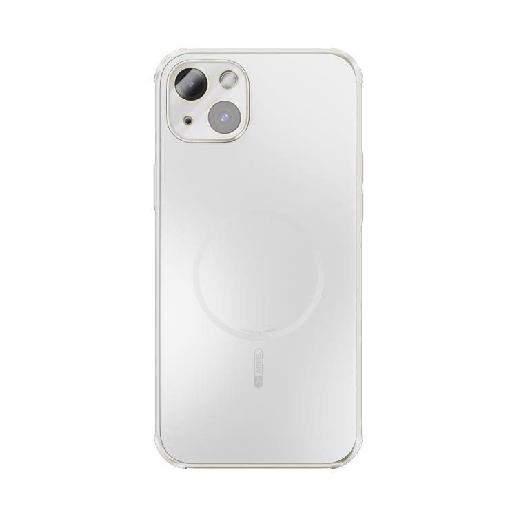 Funda ABEEL MagSafe esmerilada con disipación de calor y película para lente para iPhone 15 Plus (blanca)