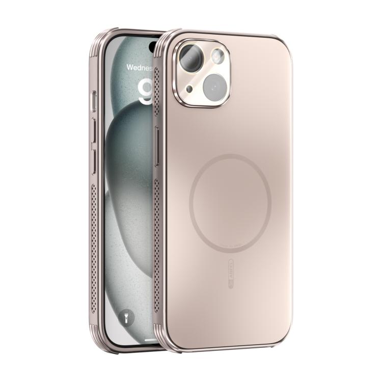 Funda ABEEL MagSafe esmerilada con disipación de calor y película para lente para iPhone 15 (oro rosa)