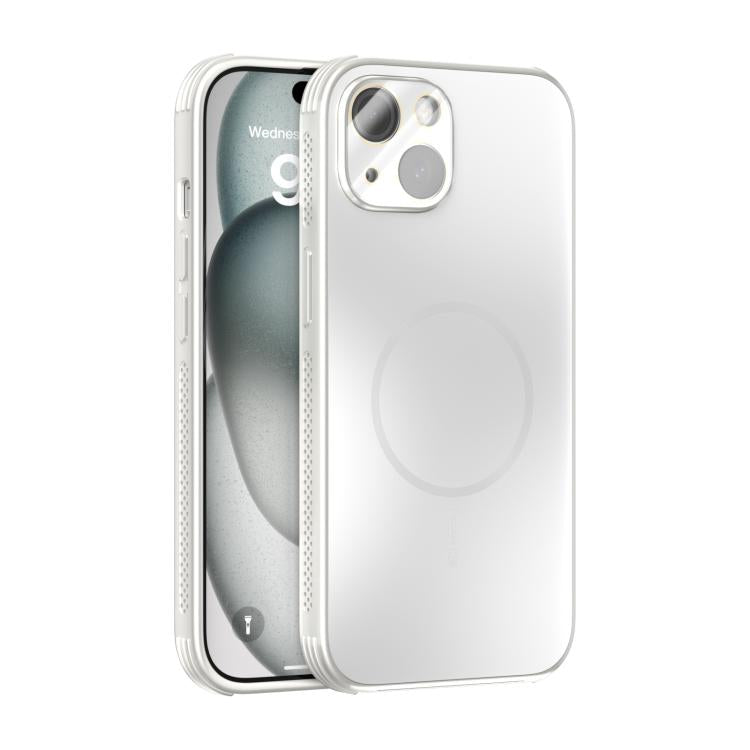 Funda ABEEL MagSafe esmerilada con disipación de calor y película para lente para iPhone 15 (blanca)