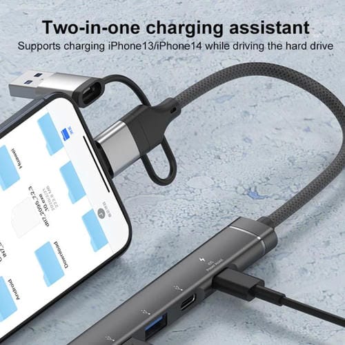 Adaptador concentrador USB/Tipo C/8 pines a PD, 2 USB, 2 tipo C, estación de acoplamiento 5 en 1 (plateado)
