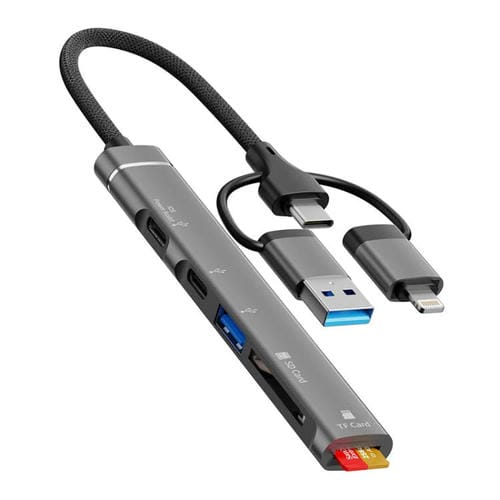 Adaptador USB Tipo C 8 pines a lector tarjetas TF SD concentrador estación acoplamiento 5 en 1 (Gris)