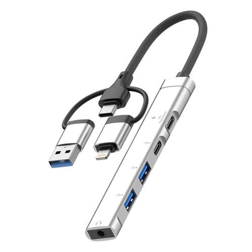 Adaptador concentrador USB Tipo C 8 pines a 3,5 mm PD 2 USB Tipo C estación de acoplamiento 5 en 1 (Plateado)