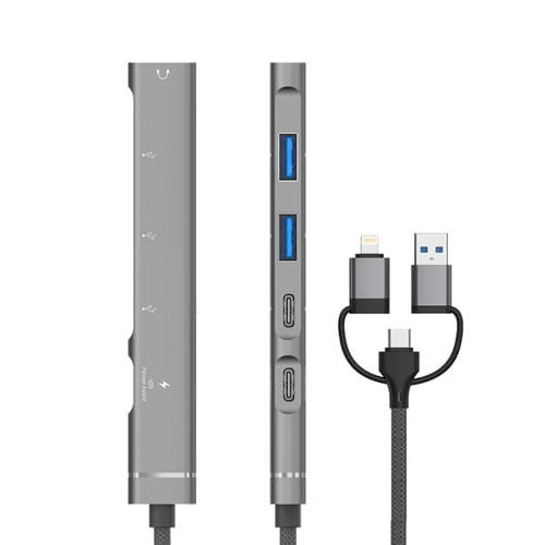 Adaptador concentrador USB Tipo C 8 pines a 3,5 mm PD 2 USB Tipo C estación de acoplamiento 5 en 1 (Plateado)