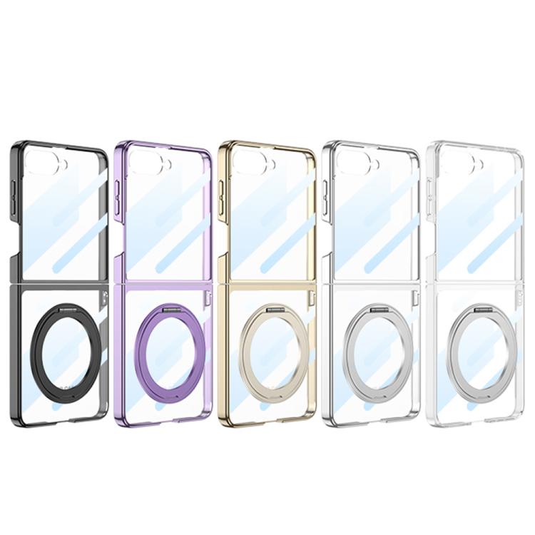 Funda para Samsung Galaxy Z Flip7 5G con galvanoplastia integrada y cobertura total, con soporte giratorio magnético (plateada)