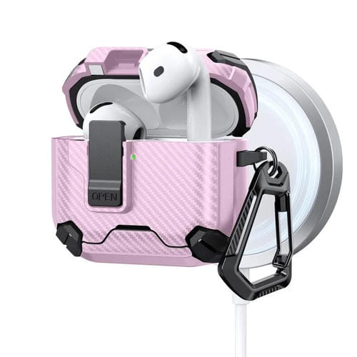 Estuche magnético MagSafe de dos colores con diseño de fibra de carbono para AirPods 4 (negro y rosa)