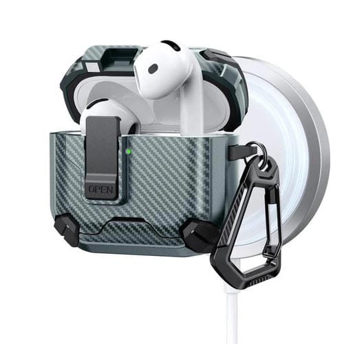 Estuche magnético MagSafe de dos colores con diseño de fibra de carbono para AirPods 4 (verde)