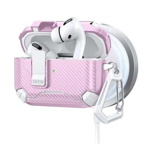Estuche magnético MagSafe de dos colores con diseño de fibra de carbono para AirPods Pro 2 (blanco y rosa)