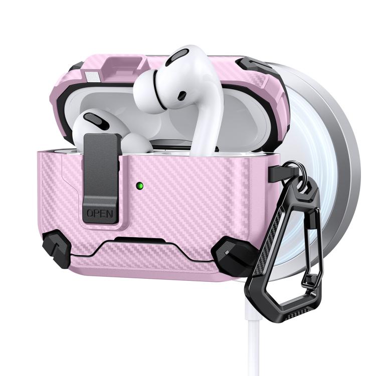 Estuche magnético MagSafe de dos colores con diseño de fibra de carbono para AirPods Pro (negro y rosa)