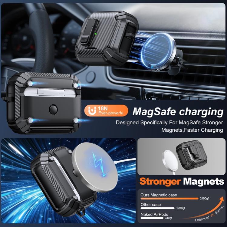 Estuche magnético MagSafe de dos colores con diseño de fibra de carbono para AirPods 4 (negro y azul oscuro)