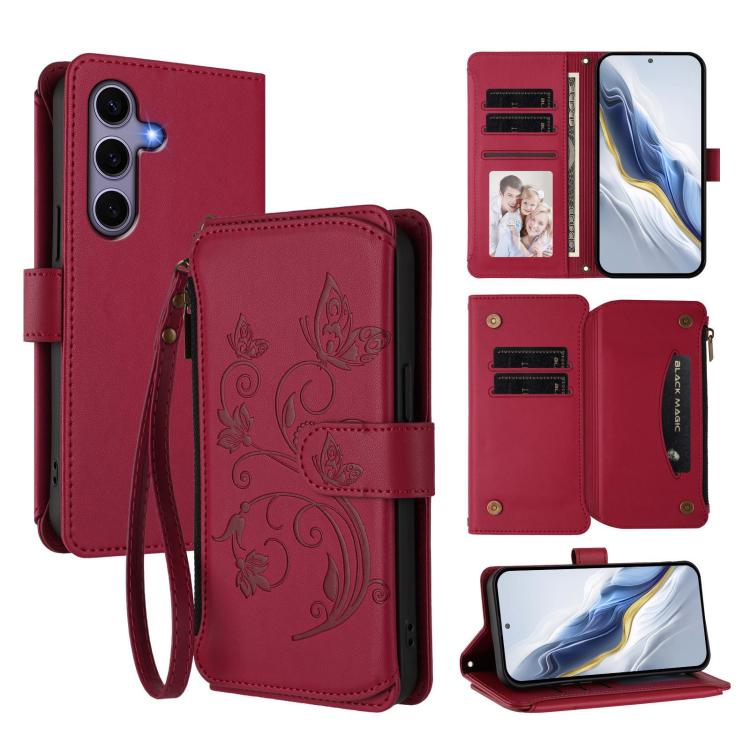 Funda de cuero con cremallera para Samsung Galaxy S24/S25 5G, diseño de mariposas, flores y amor, con múltiples tarjetas (rojo vino)