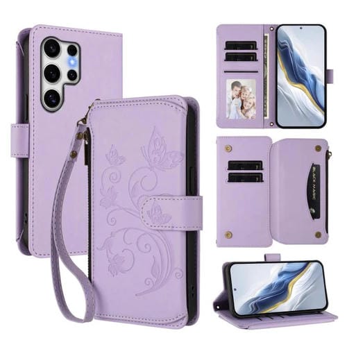 Funda de cuero con cremallera para Samsung Galaxy S25 Ultra 5G, diseño de mariposas, flores y amor, con múltiples tarjetas (morado claro)