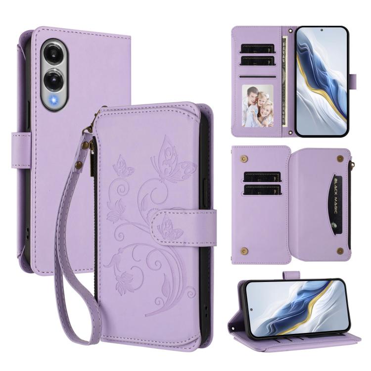 Funda de cuero con cremallera para Samsung Galaxy S25 Edge 5G, diseño de mariposas, flores y amor, con múltiples tarjetas (morado claro)