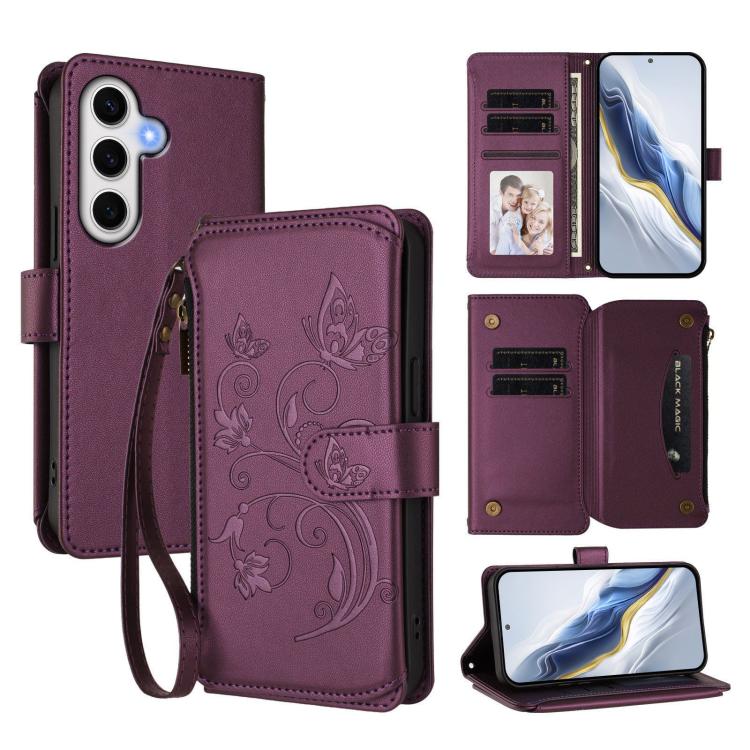 Funda de cuero con cremallera para Samsung Galaxy S24 FE 5G, diseño de mariposas, flores y amor, con múltiples tarjetas (morado oscuro)