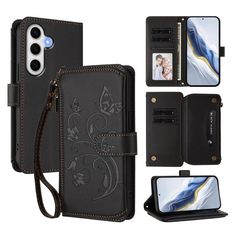 Funda de cuero con cremallera para Samsung Galaxy S24 FE 5G, diseño de mariposas, flores y múltiples tarjetas (negro)