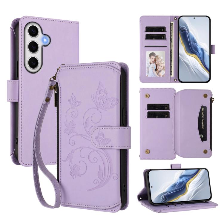 Funda de cuero con cremallera para Samsung Galaxy S24 FE 5G, diseño de mariposas, flores y amor, con múltiples tarjetas (morado claro)