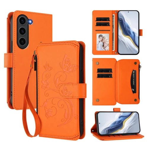 Funda de cuero con cremallera para Samsung Galaxy S23+ 5G, diseño de mariposas, flores y amor, con múltiples tarjetas (naranja)
