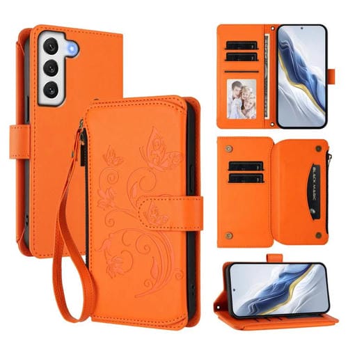 Funda de cuero con cremallera para Samsung Galaxy S22 5G, diseño de mariposas, flores y amor, con múltiples tarjetas (naranja)