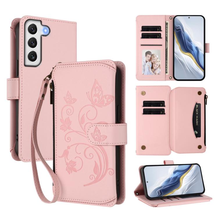Funda de cuero con cremallera para Samsung Galaxy S22+ 5G, diseño de mariposas, flores y amor, con múltiples tarjetas (rosa)