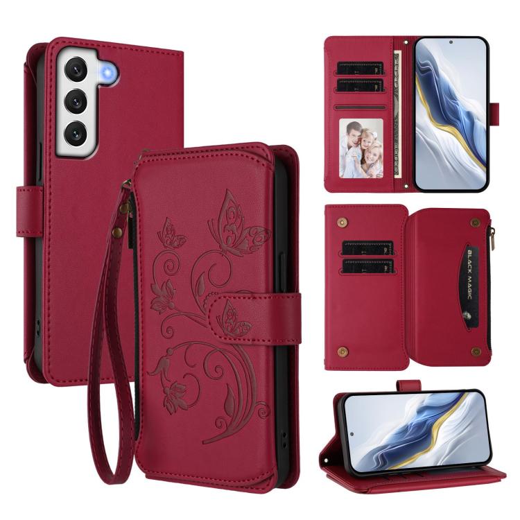 Funda de cuero con cremallera para Samsung Galaxy S21 5G, diseño de mariposas, flores y amor, con múltiples tarjetas (rojo vino)