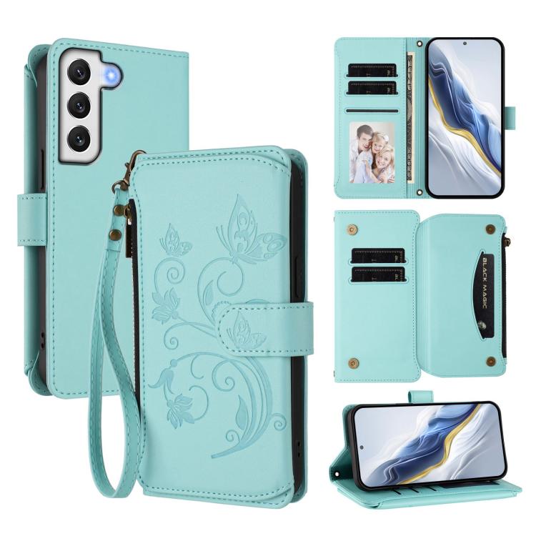 Funda de cuero con cremallera para Samsung Galaxy S21+ 5G, diseño de mariposas, flores y amor, con múltiples tarjetas (verde menta)