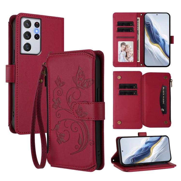Funda de cuero con cremallera para Samsung Galaxy S21 Ultra 5G, diseño de mariposas, flores y amor, con múltiples tarjetas (rojo vino)