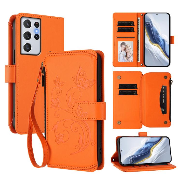 Funda de cuero con cremallera para Samsung Galaxy S21 Ultra 5G, diseño de mariposas, flores y amor, con múltiples tarjetas (naranja)