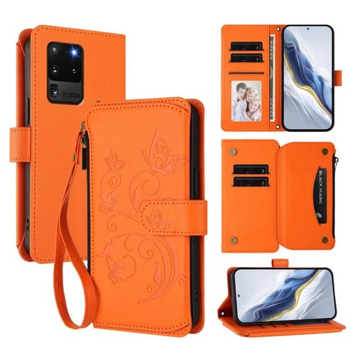Funda de cuero con cremallera para Samsung Galaxy S20 Ultra, diseño de mariposas, flores y amor, con múltiples tarjetas (naranja)