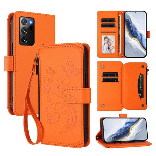 Funda de cuero con cremallera para Samsung Galaxy Note20 Ultra, diseño de mariposas, flores y amor, con múltiples tarjetas (naranja)