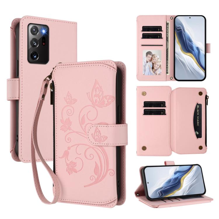 Funda de cuero con cremallera para Samsung Galaxy Note20 Ultra, diseño de mariposas, flores y amor, con múltiples tarjetas (rosa)