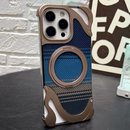 Funda de metal sin marco para iPhone 15 Pro con rotación de 360 grados y soporte MagSafe (dorado postre)