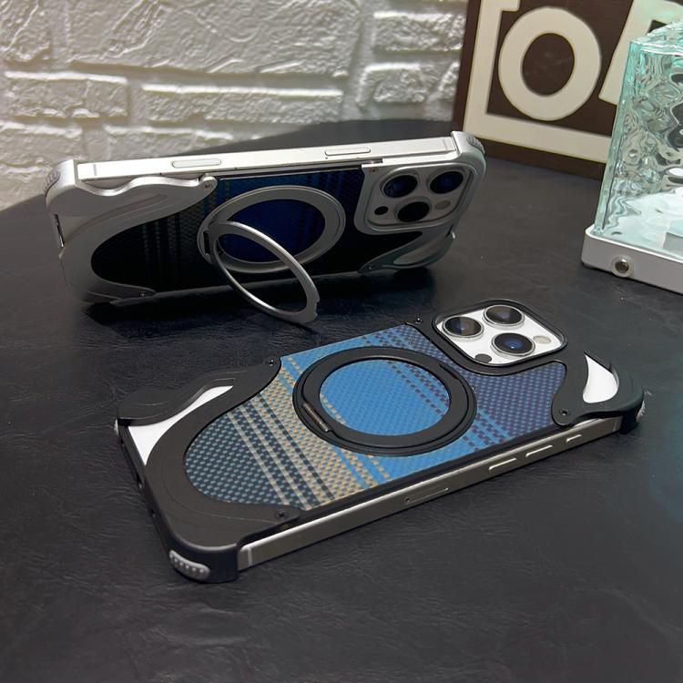 Funda de metal sin marco para iPhone 15 Pro Max con rotación de 360 grados y soporte MagSafe (dorado postre)