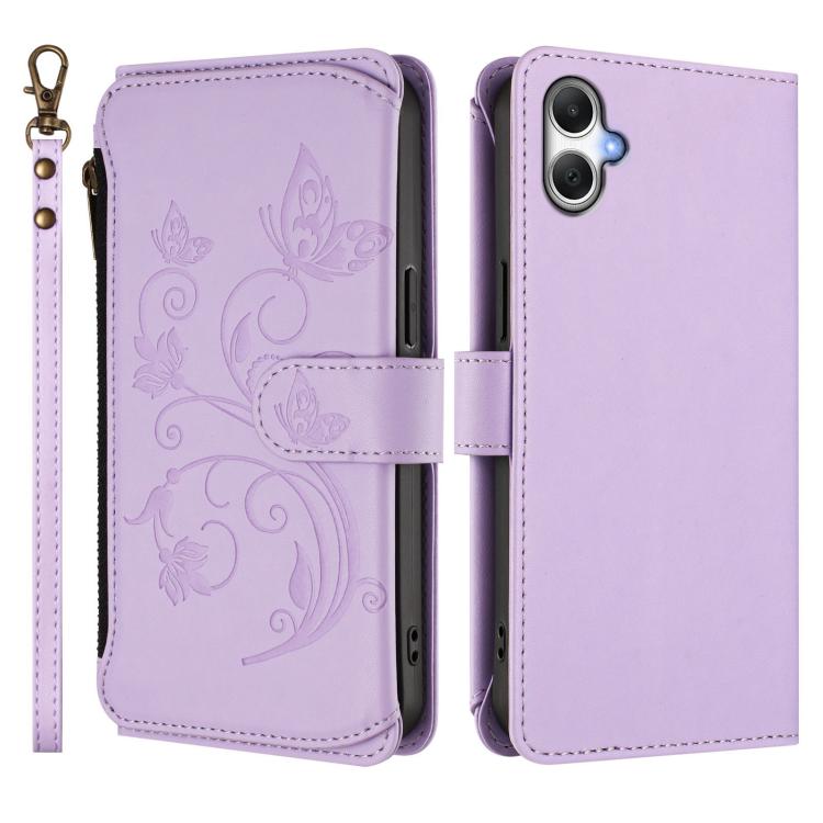 Funda de cuero con cremallera para Samsung Galaxy A07 4G / A06 4G / 5G, diseño de mariposas, flores y múltiples tarjetas (morado claro)
