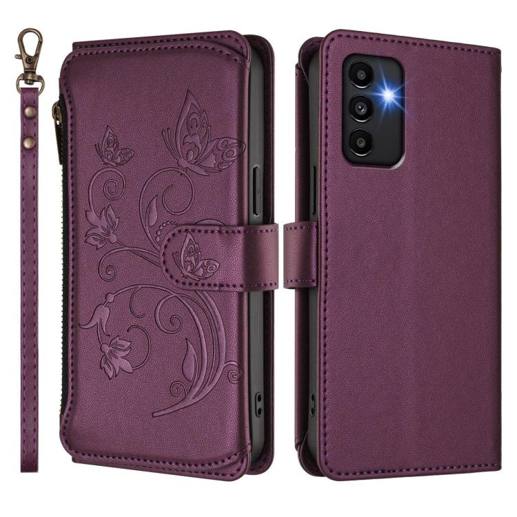 Funda de cuero con cremallera para Samsung Galaxy A13 4G / 5G / A04 4G, diseño de mariposas y flores (morado oscuro)