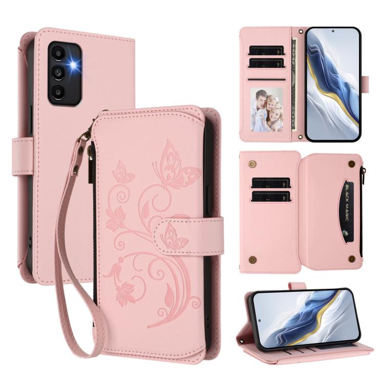 Funda de cuero con cremallera para Samsung Galaxy A13 4G / 5G / A04 4G, diseño de mariposas y flores, con múltiples tarjetas (rosa)
