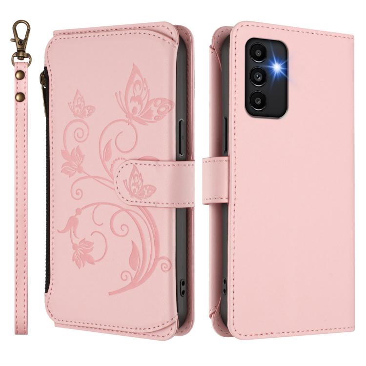 Funda de cuero con cremallera para Samsung Galaxy A13 4G / 5G / A04 4G, diseño de mariposas y flores, con múltiples tarjetas (rosa)