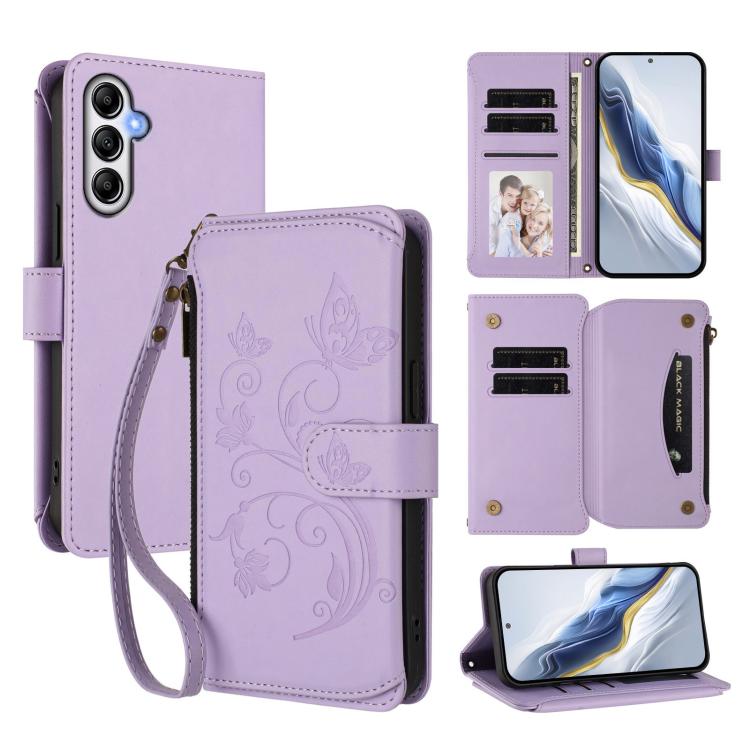 Funda de cuero con cremallera para Samsung Galaxy A14 4G/5G, diseño de mariposas, flores y amor, con múltiples tarjetas (morado claro)