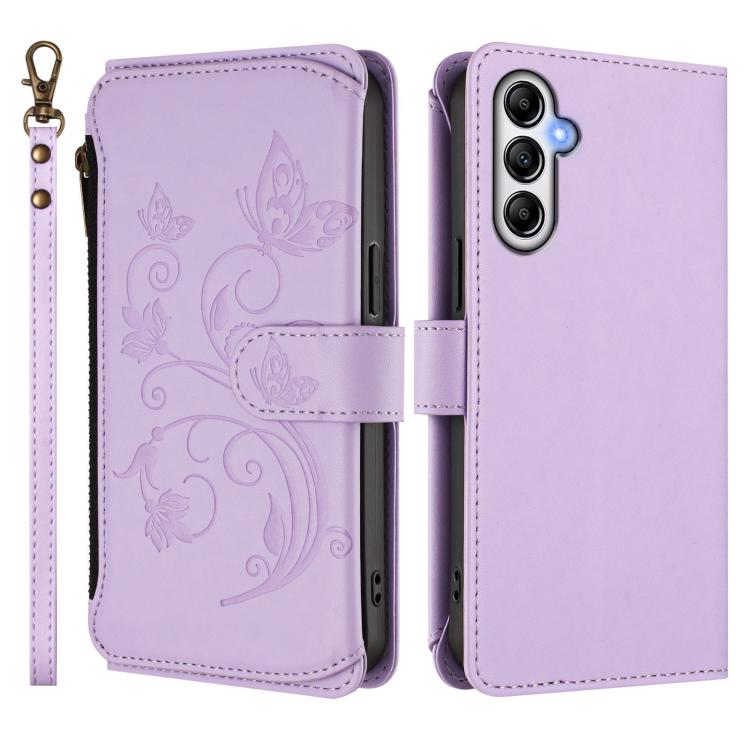 Funda de cuero con cremallera para Samsung Galaxy A14 4G/5G, diseño de mariposas, flores y amor, con múltiples tarjetas (morado claro)