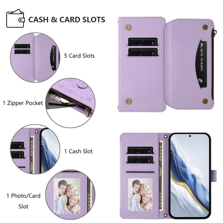 Funda de cuero con cremallera para Samsung Galaxy A14 4G/5G, diseño de mariposas, flores y amor, con múltiples tarjetas (morado claro)